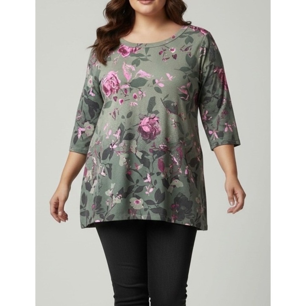 Denim & Company 1X Green Pink Floral Sharkbite Hem Tunic Top 3/4 Sleeve